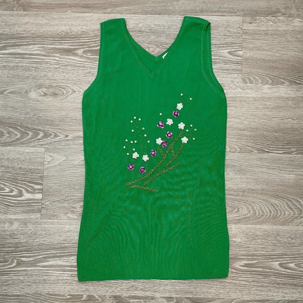 Dino Vintage Green Knitted Floral Beaded V-Neck Vest Top Size XL